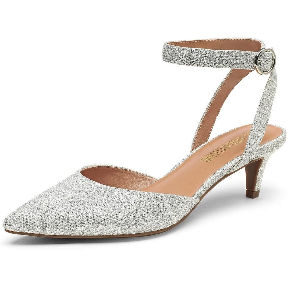 Dream Pairs Women Silver Faux Leather Closed Pointed Toe Ankle Strap Pump Shoes